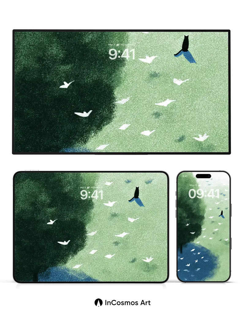 Whispering Canopy Wallpaper with Floating Feathers