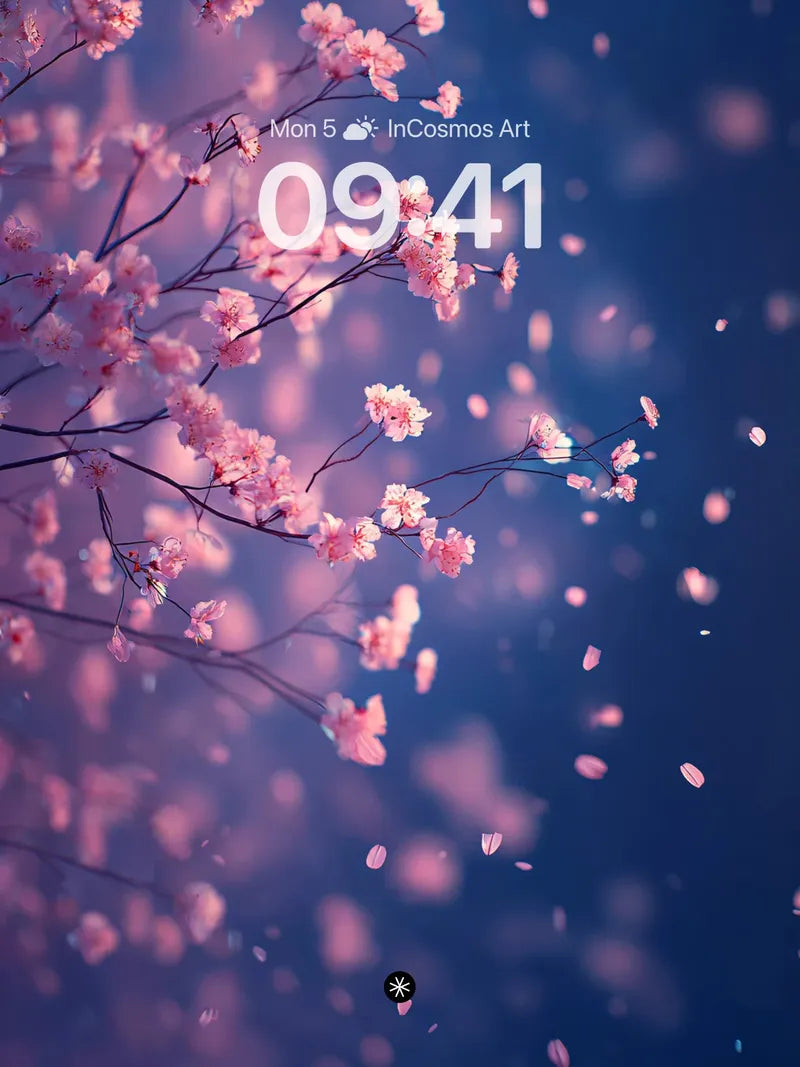 Soft Pink Petal Drift Wallpaper in Deep Blue Haze wallpaper for iPhone, iPad & Mac