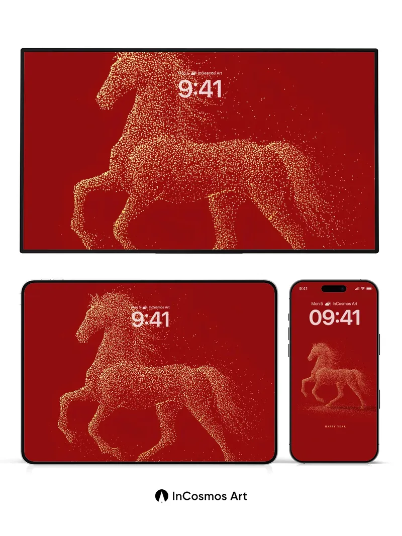 Golden Particle Horse Wallpaper with Celestial Motion