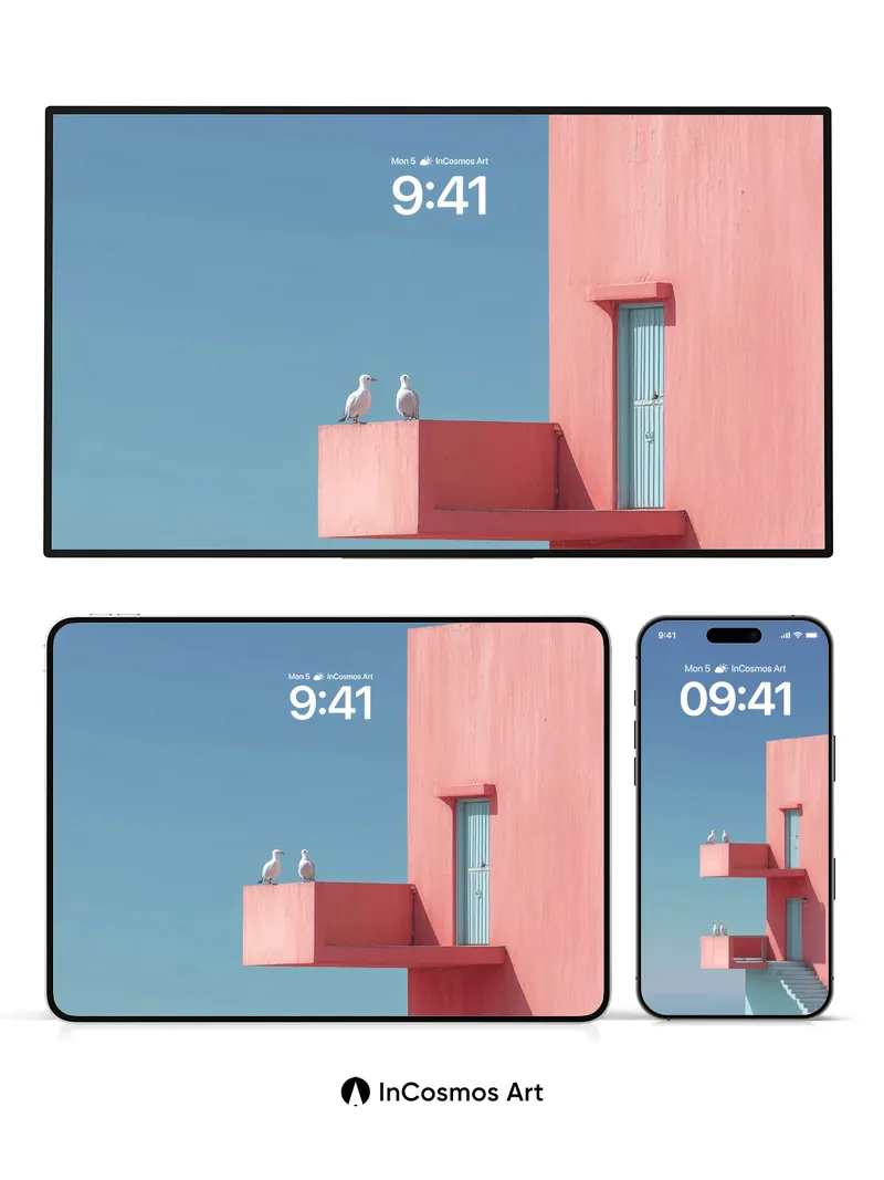 Serene Coral Balcony Wallpaper with Seagull Silhouettes