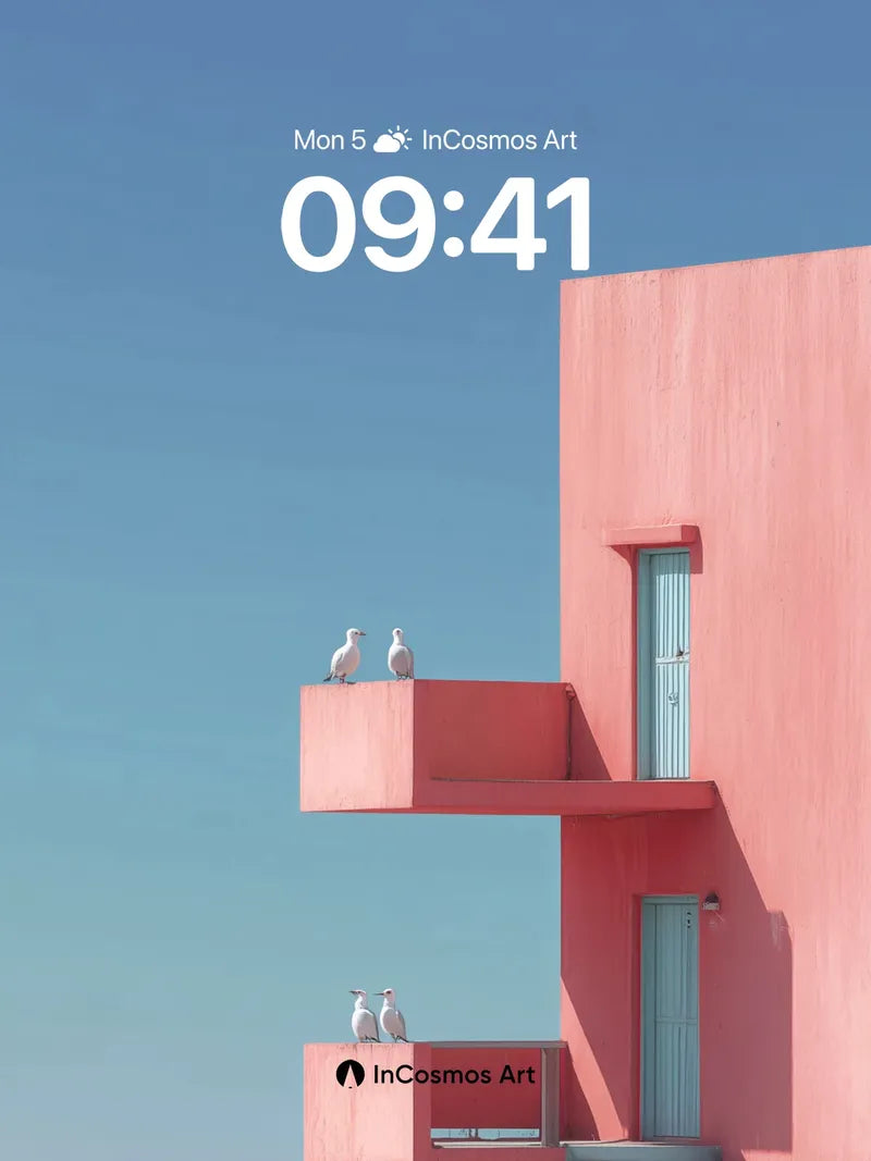 Serene Coral Balcony Wallpaper with Seagull Silhouettes