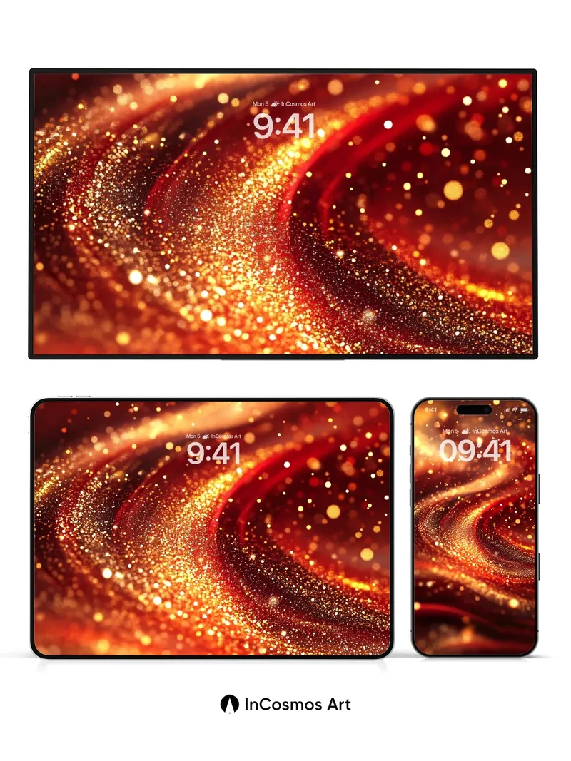 Luminous Ember Wallpaper with Golden Whirls