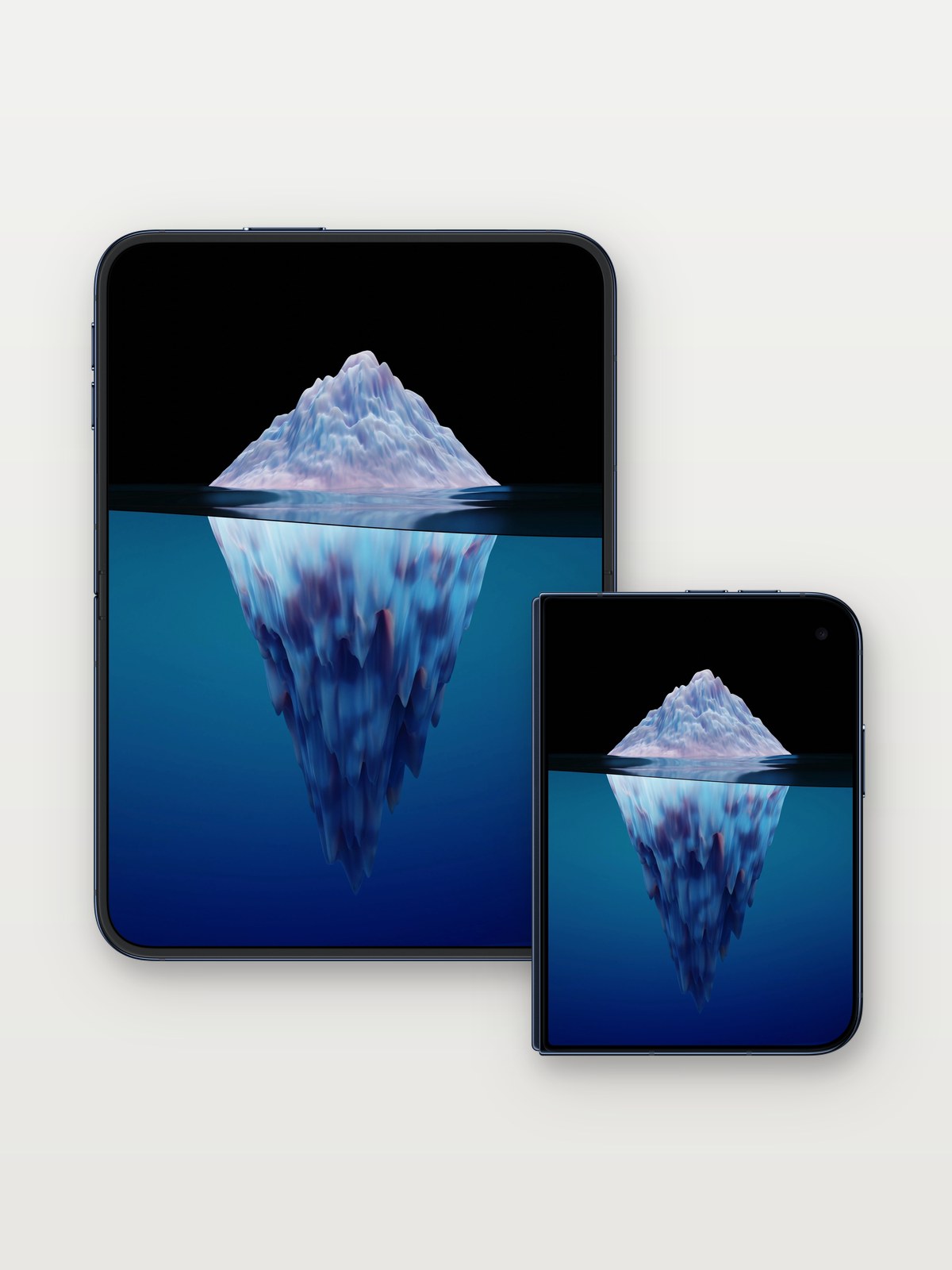 Silent Abyss Wallpaper with Frozen Depths on iPhone Duo, open and closed