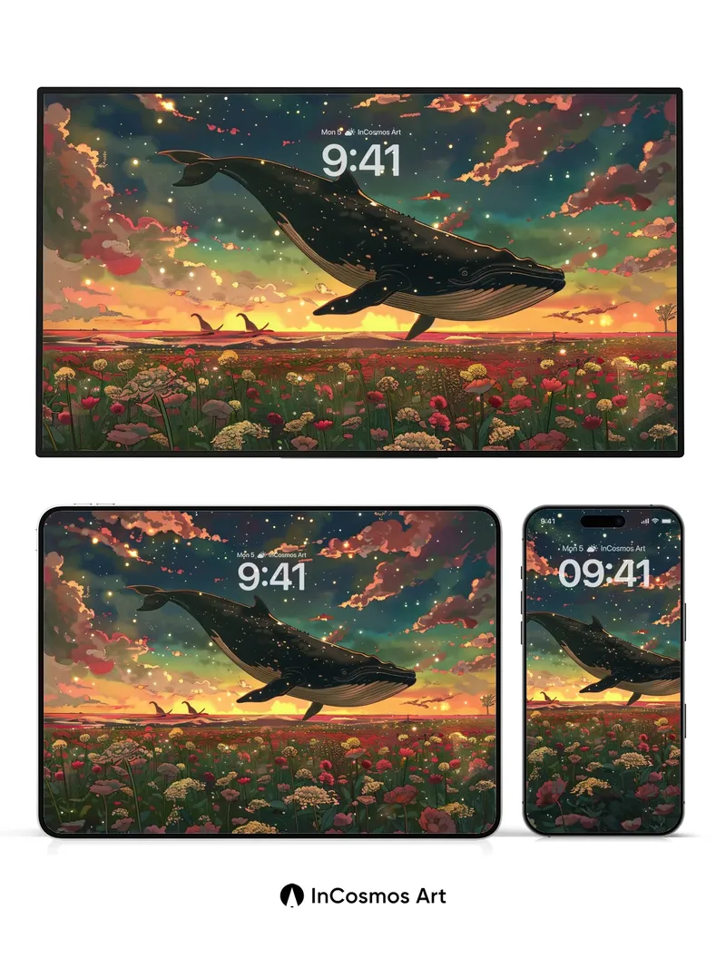 Whispering Sky Whale Wallpaper with Starlit Fields