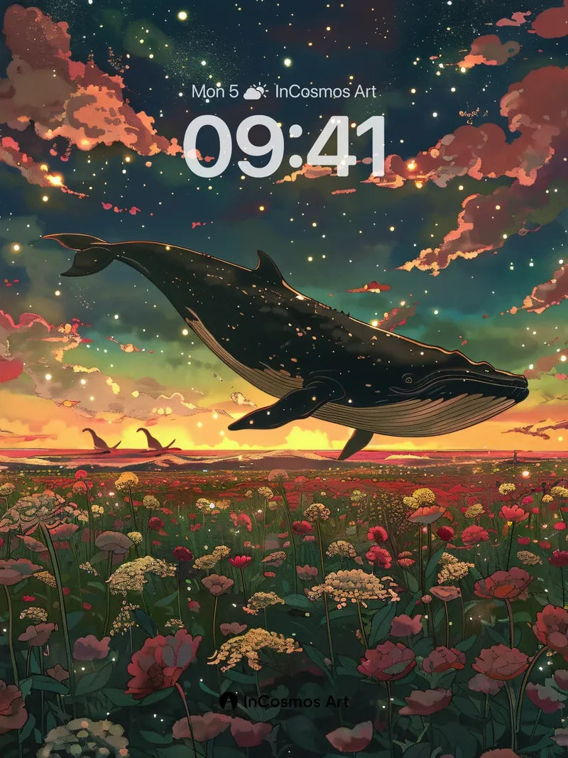 Whispering Sky Whale Wallpaper with Starlit Fields