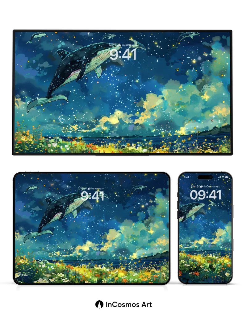 Starry Whale Wallpaper with Floating Flowers