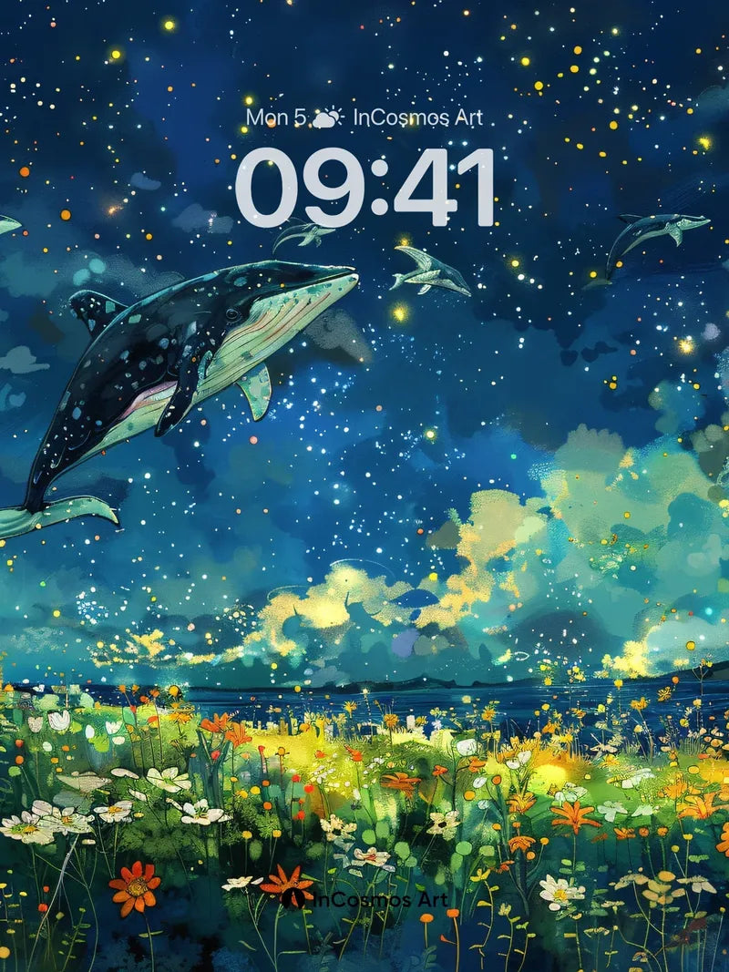 Starry Whale Wallpaper with Floating Flowers