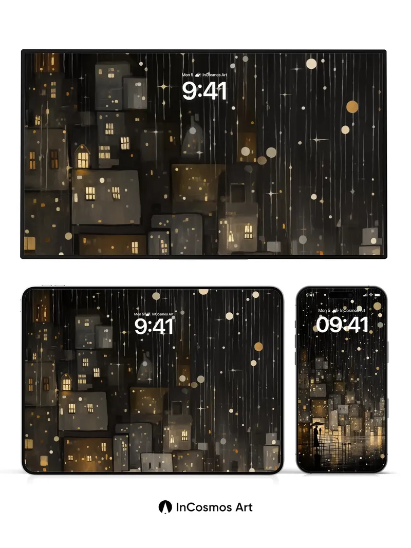 Luminous Rain Wallpaper with Floating Orbs