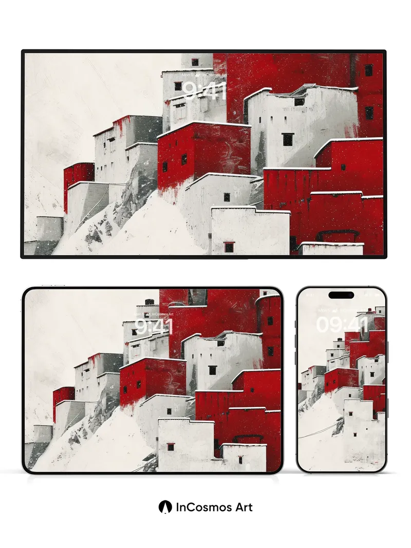 Crimson Cliffs Wallpaper with Snow-Crusted Geometry