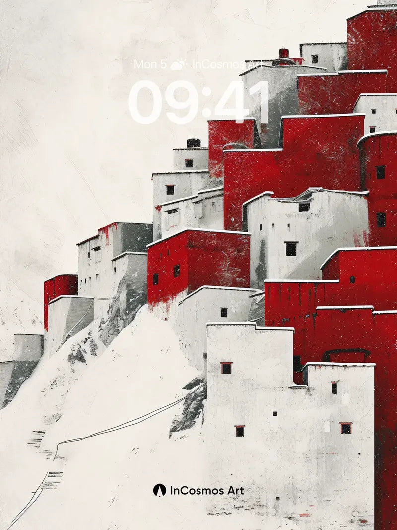 Crimson Cliffs Wallpaper with Snow-Crusted Geometry