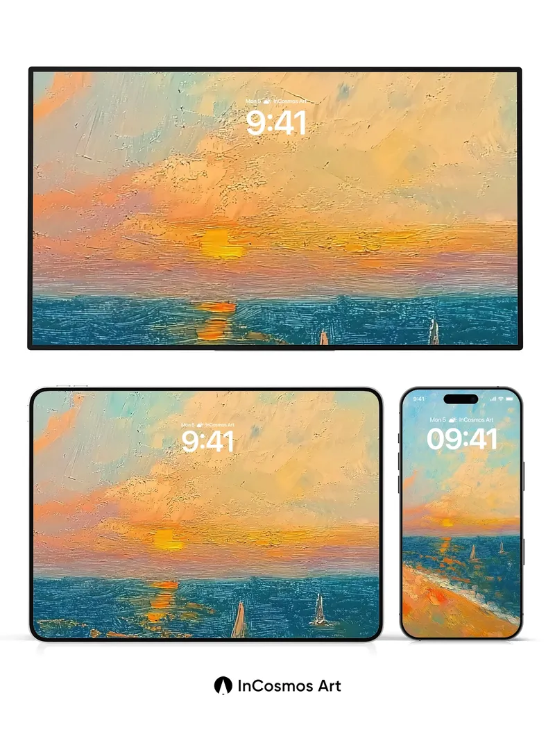 Golden Horizon Wallpaper with Sailboat Whispers