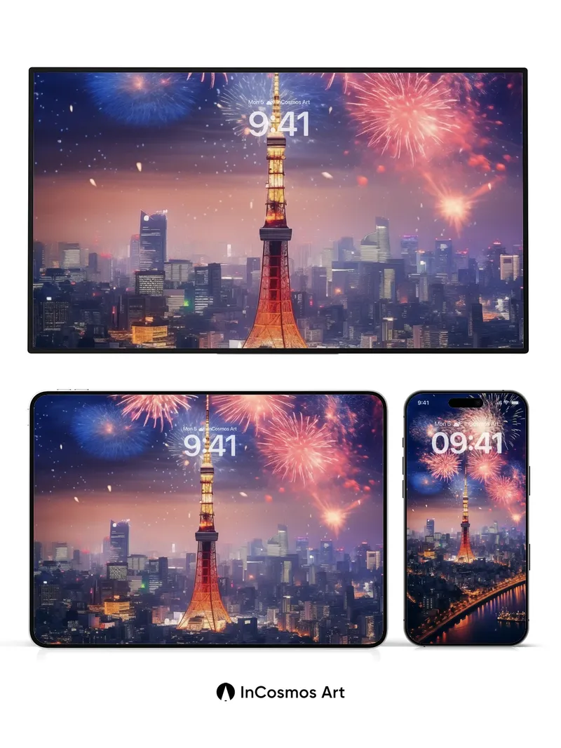 Crimson Firework Symphony Wallpaper with Tokyo Tower Glow