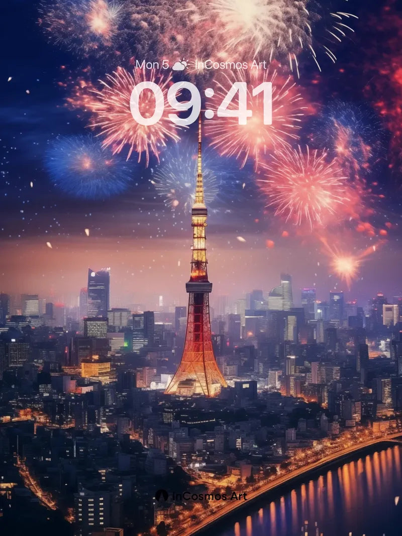 Crimson Firework Symphony Wallpaper with Tokyo Tower Glow