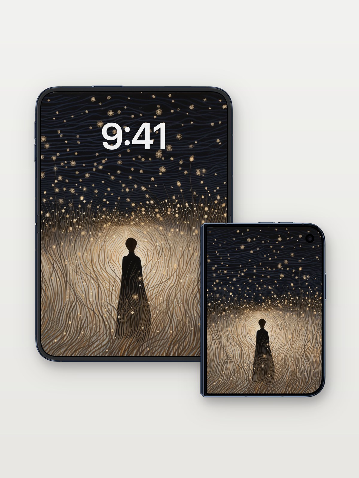 Stellar Silence Wallpaper with Golden Threads on iPhone Duo, open and closed