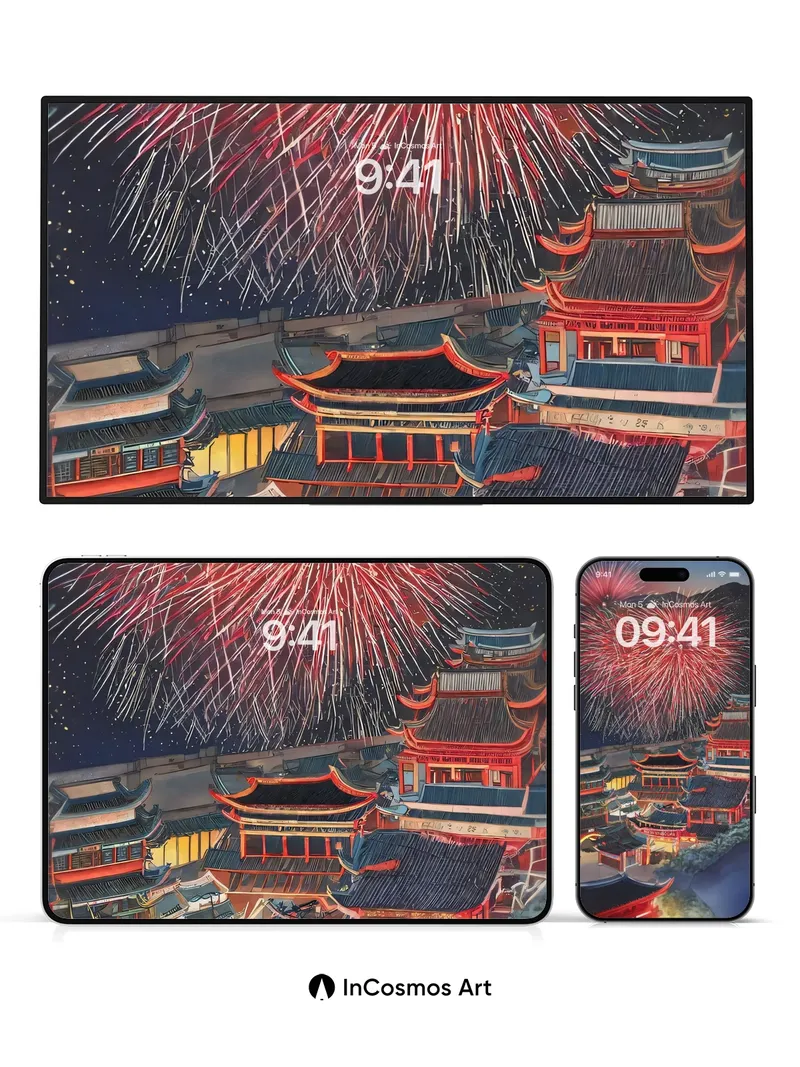 Crimson Skyfire Wallpaper with Floating Temples