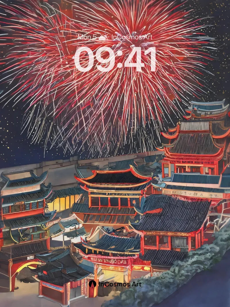 Crimson Skyfire Wallpaper with Floating Temples