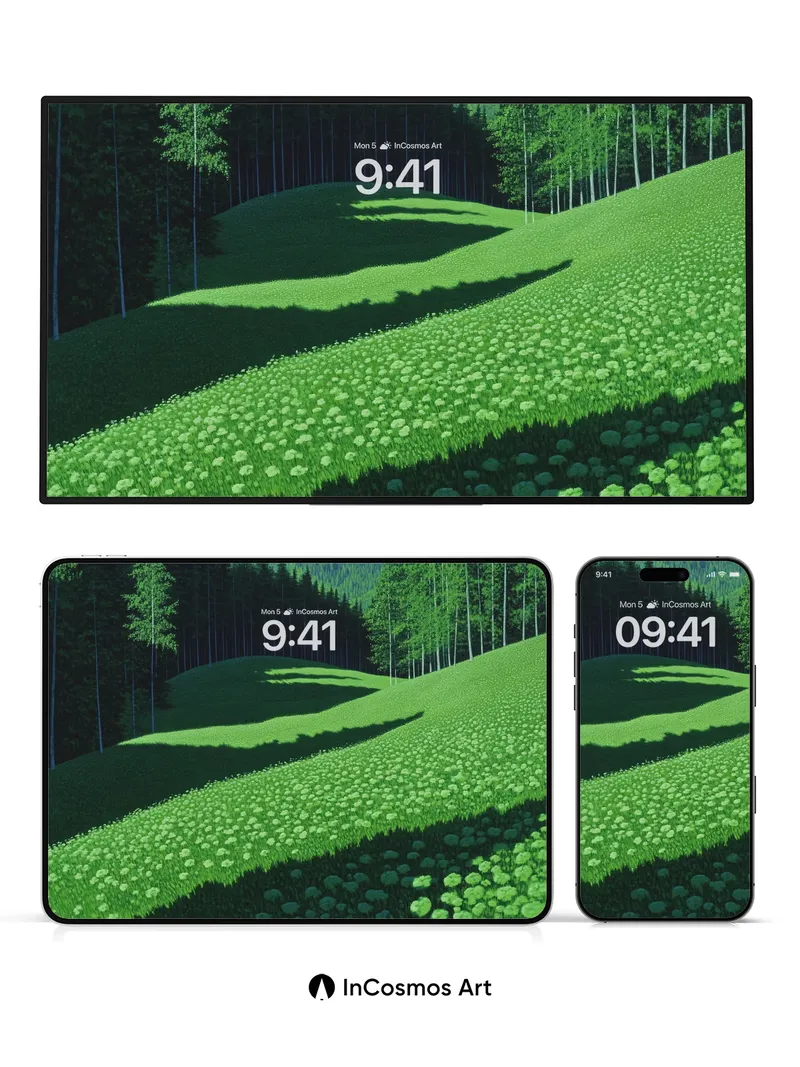 Whispering Meadow Wallpaper with Shadowed Pines