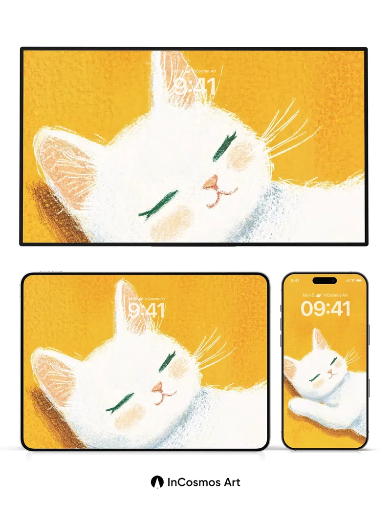 Serenity White Cat Wallpaper with Golden Hush