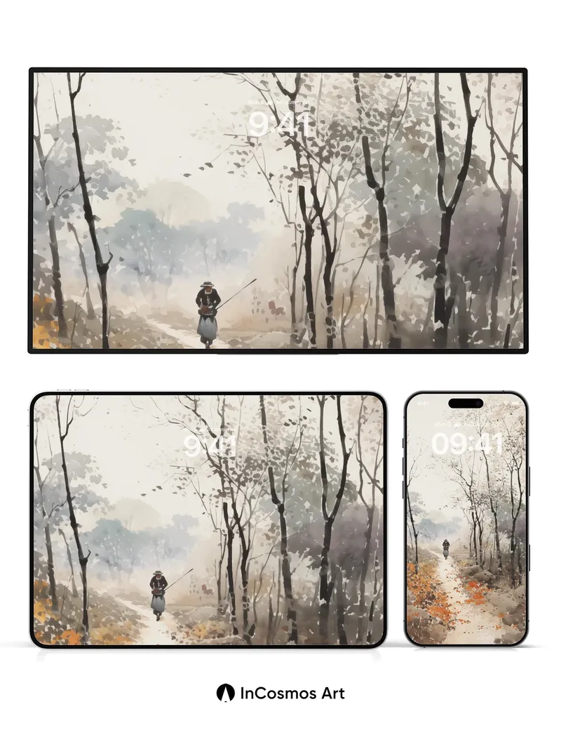 Autumn Hush Wallpaper with Ink-Blot Trees