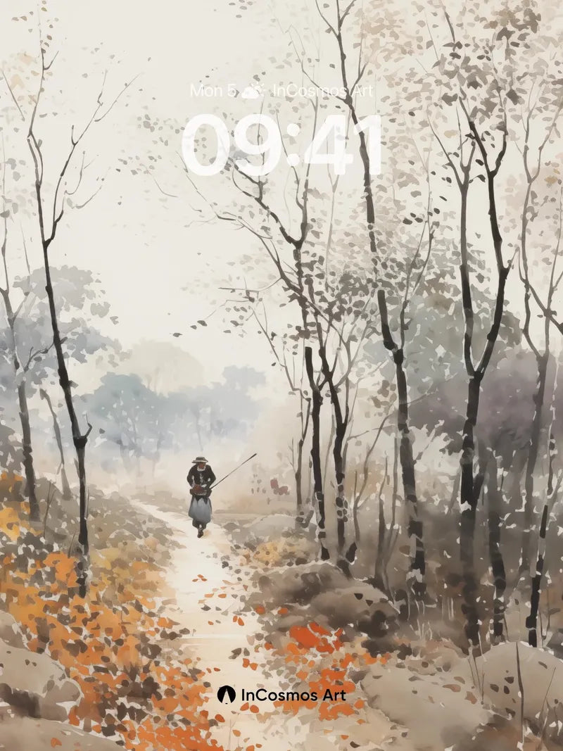 Autumn Hush Wallpaper with Ink-Blot Trees