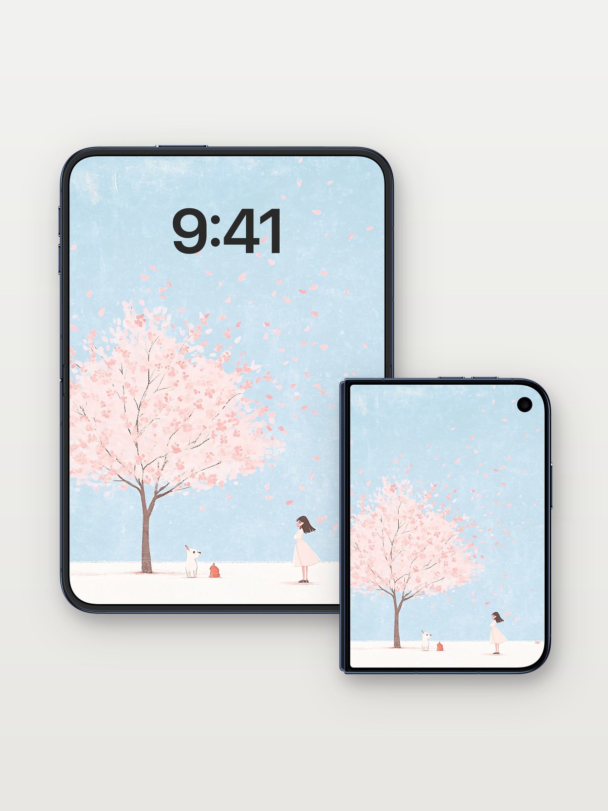 Serene Cherry Bloom Wallpaper with Floating Petals on iPhone Duo, open and closed