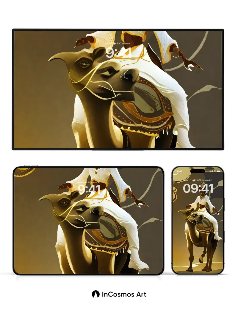 Golden Serenity Wallpaper with Crowned Camel Ride