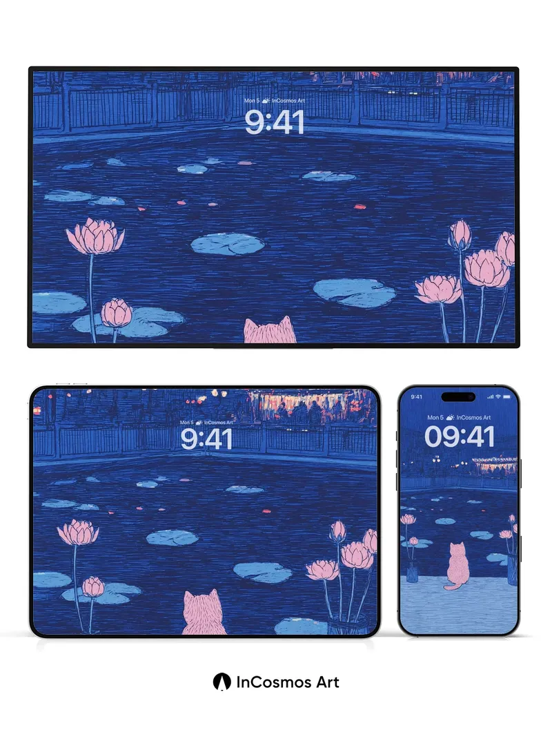 Nocturnal Reverie Wallpaper with Pink Cat and Lotus