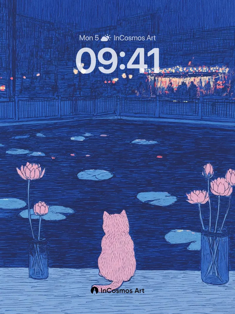 Nocturnal Reverie Wallpaper with Pink Cat and Lotus