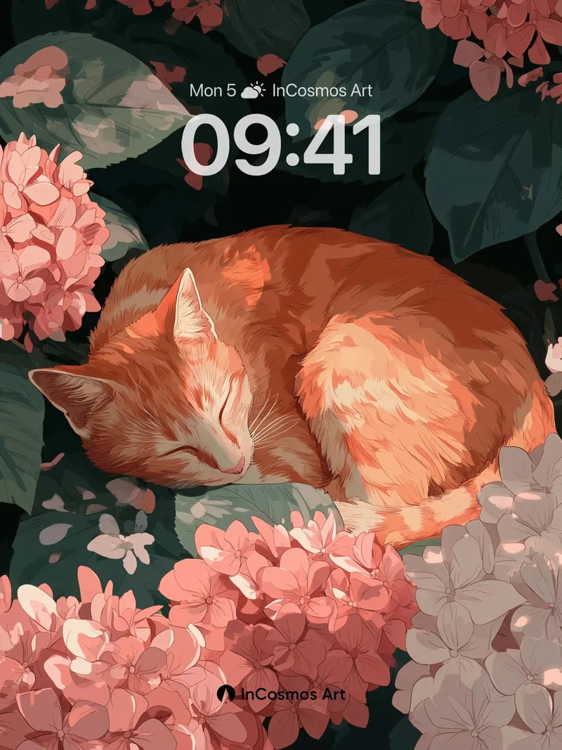 Serenity Bloom Wallpaper with Sleeping Orange Cat wallpaper for iPhone, iPad & Mac