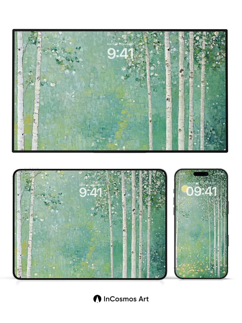 Luminous Birch Grove Wallpaper with Moonlit Canopy