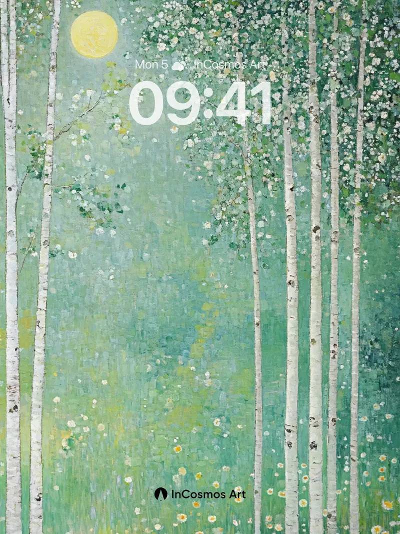 Luminous Birch Grove Wallpaper with Moonlit Canopy