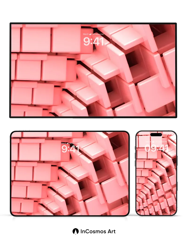 Crimson Grid Wallpaper with Floating Cubes