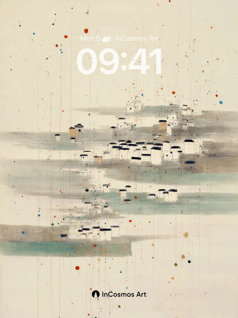 Serene Village Background with Abstract Dots wallpaper for iPhone, iPad & Mac