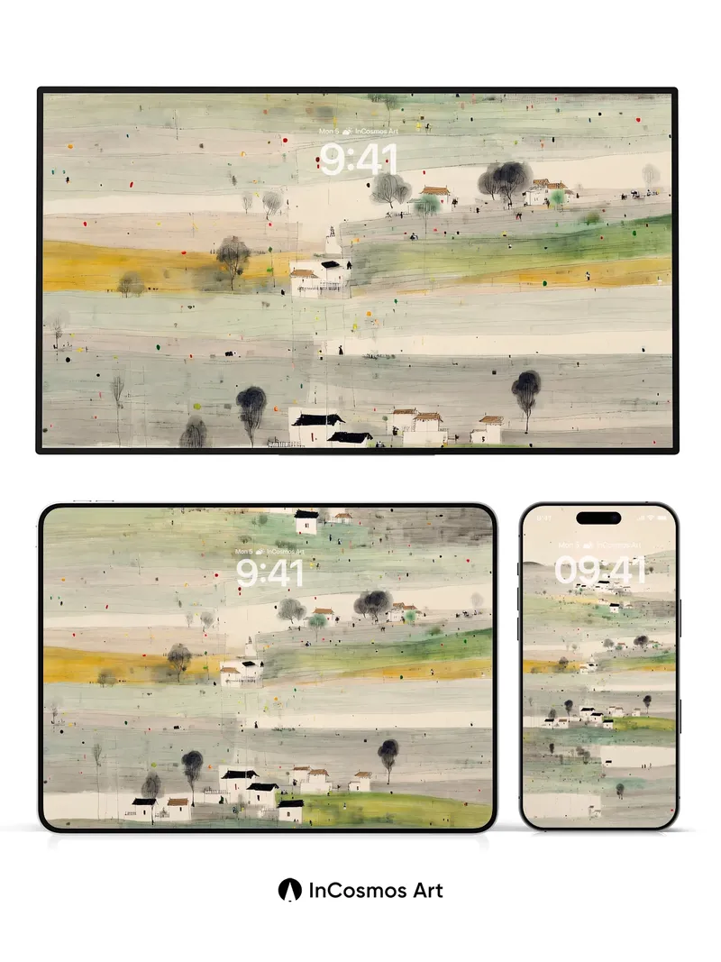 Serene Village Landscape Wallpaper with Subtle Details