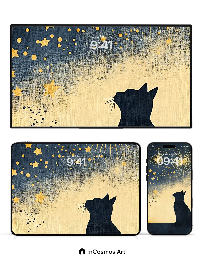 Whispering Starlight Wallpaper with Feline Silhouette