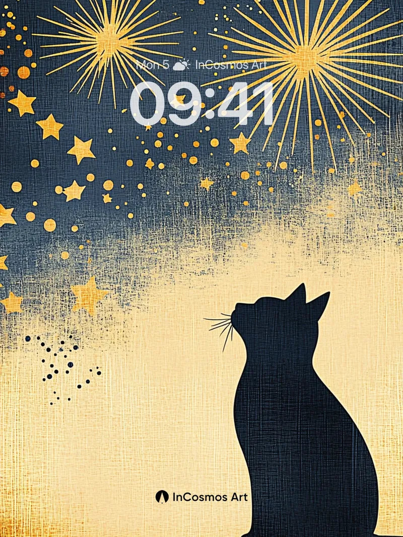 Whispering Starlight Wallpaper with Feline Silhouette
