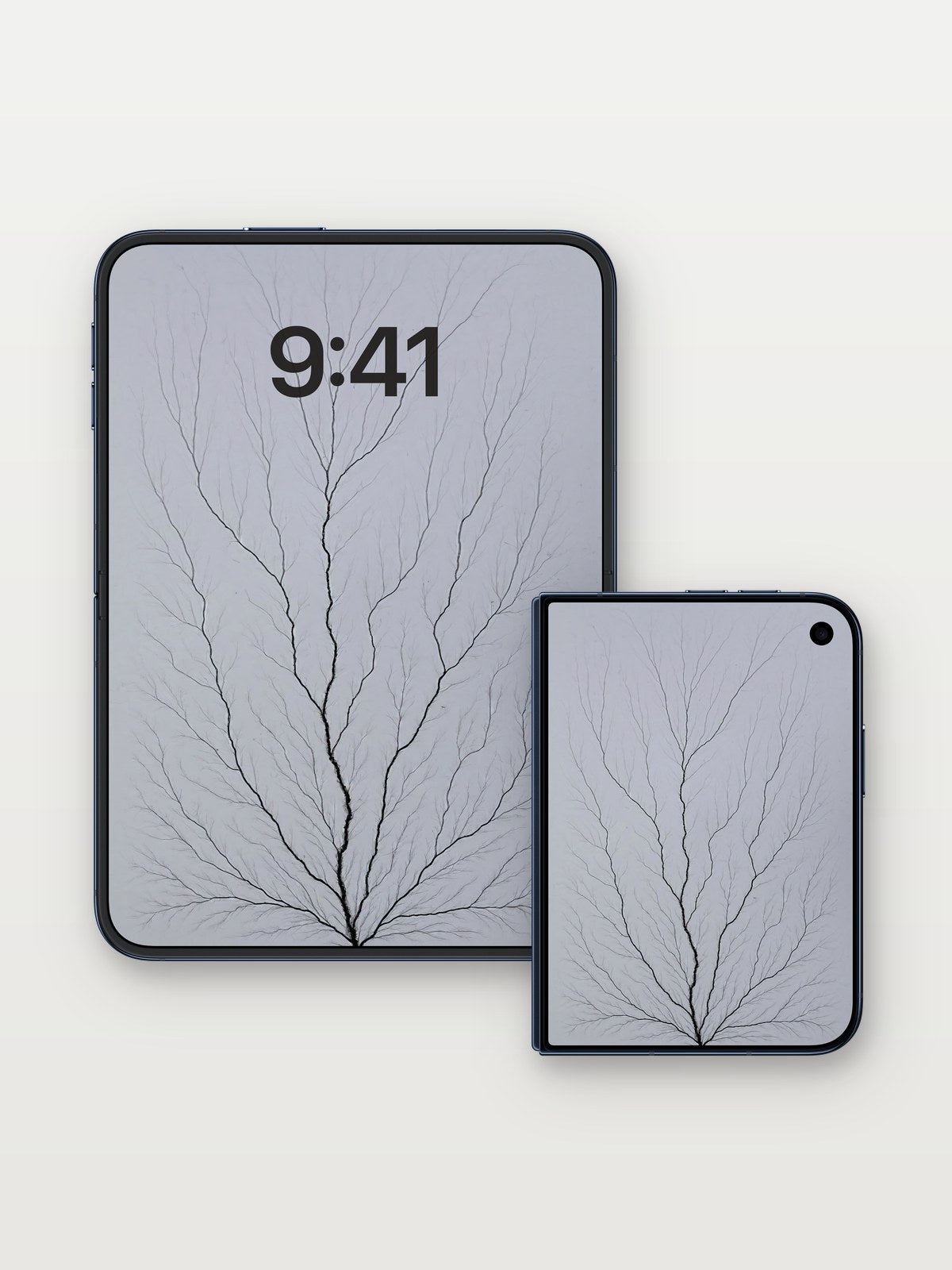 Silent Branches Wallpaper with Ethereal Veins on iPhone Duo, open and closed