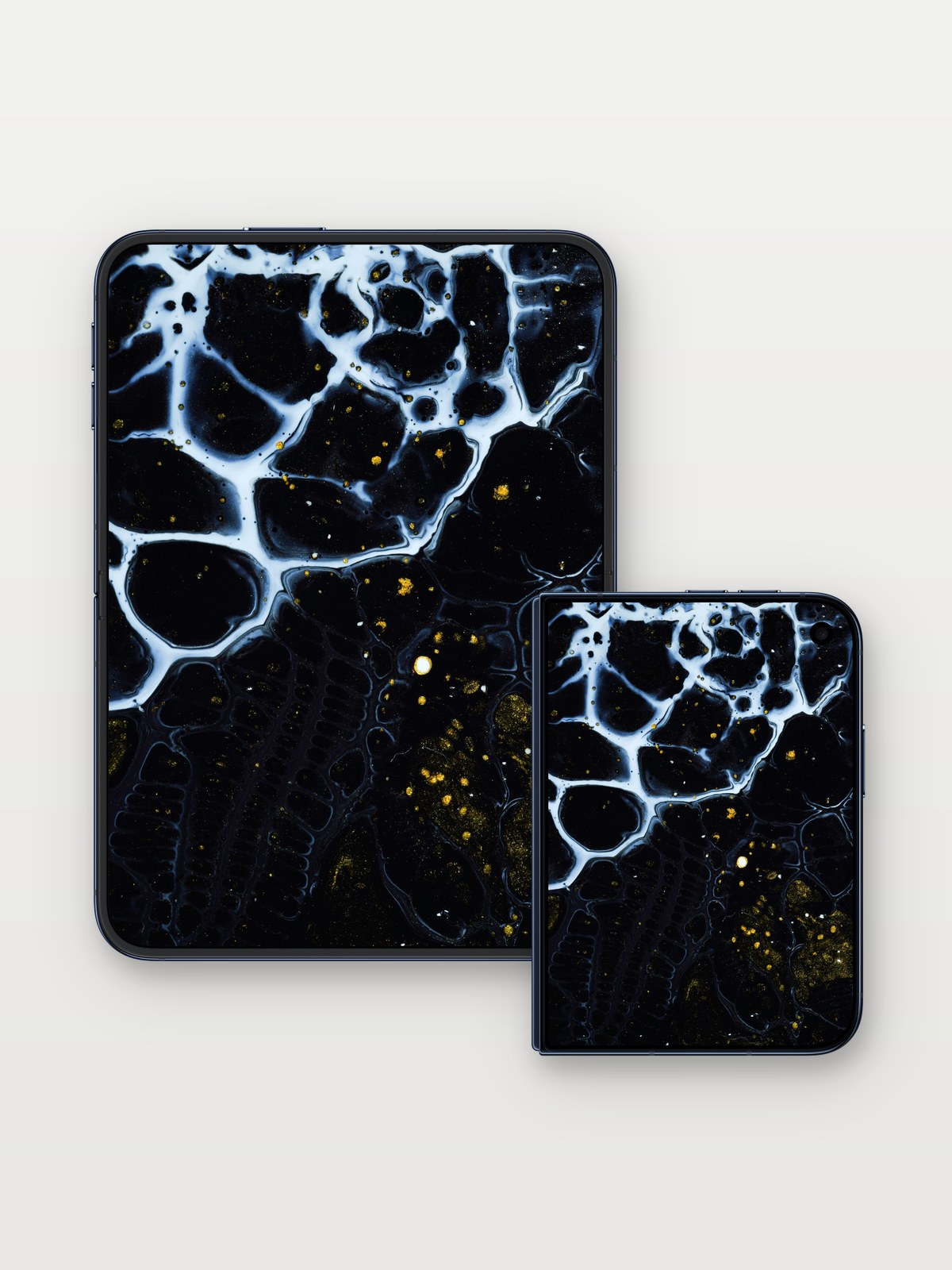 Cosmic Veil Wallpaper with Golden Sparks on iPhone Duo, open and closed