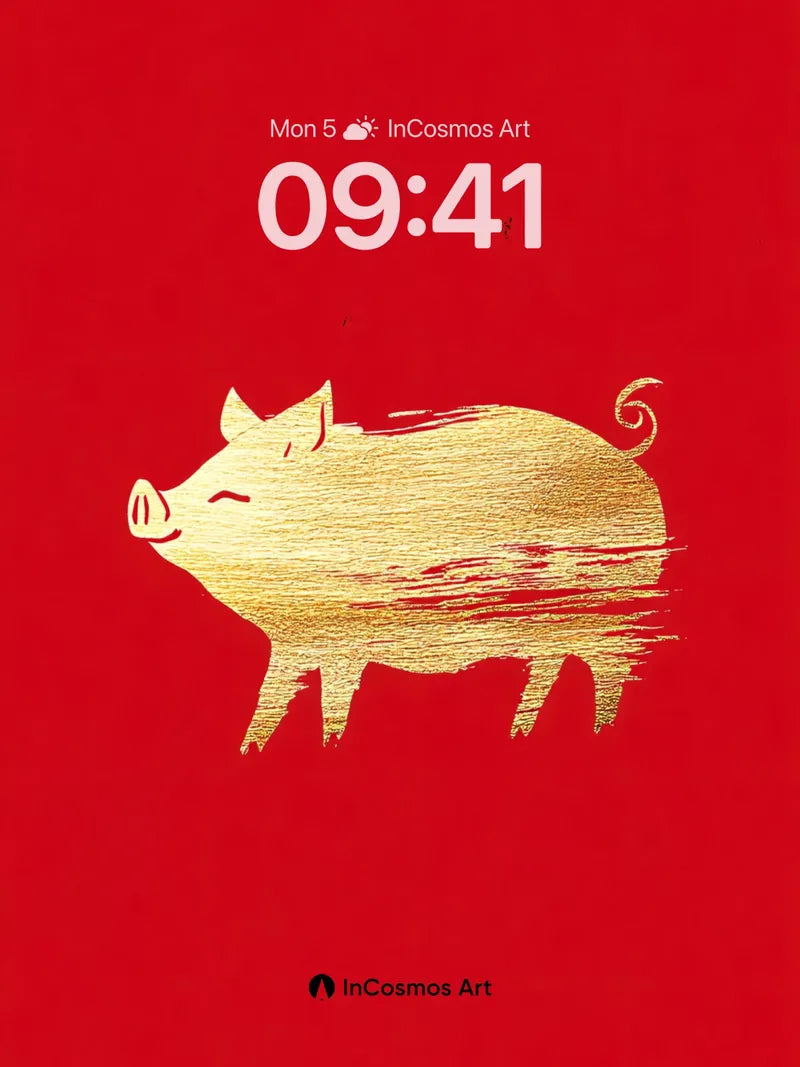 Golden Brushstroke Pig Wallpaper with Red Canvas wallpaper for iPhone, iPad & Mac