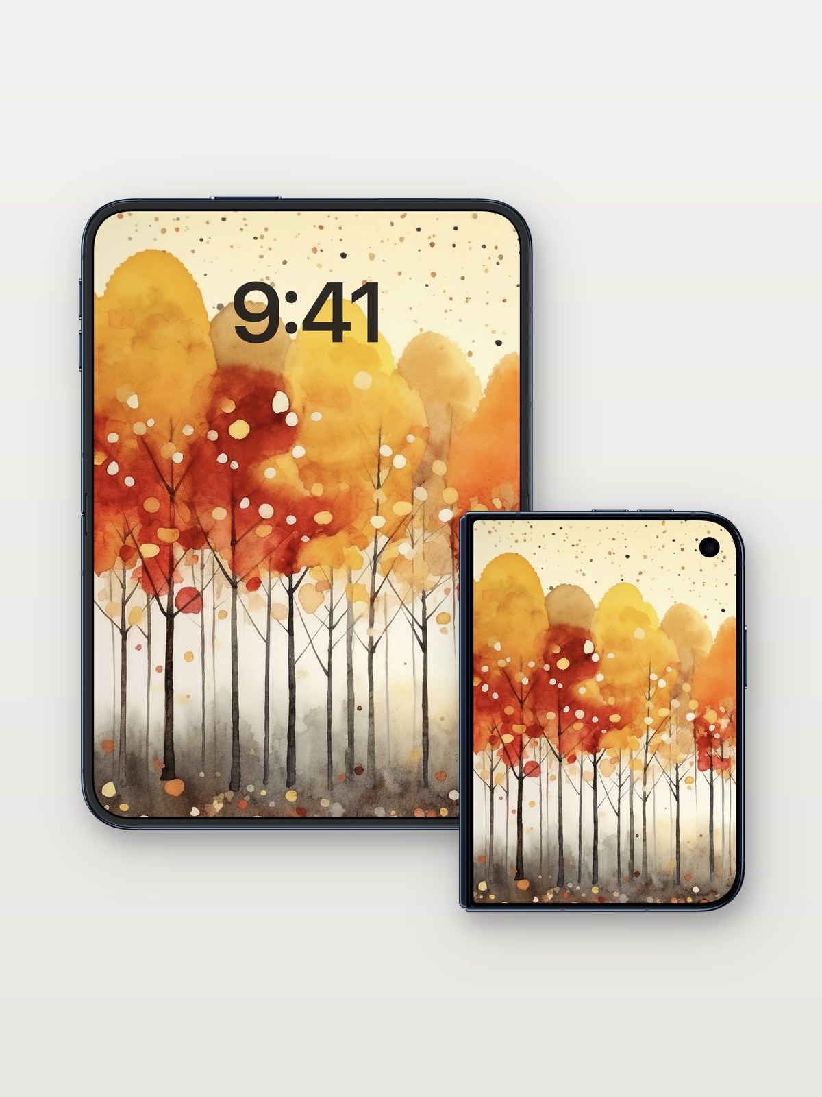 Autumn Hush Wallpaper with Floating Light on iPhone Duo, open and closed