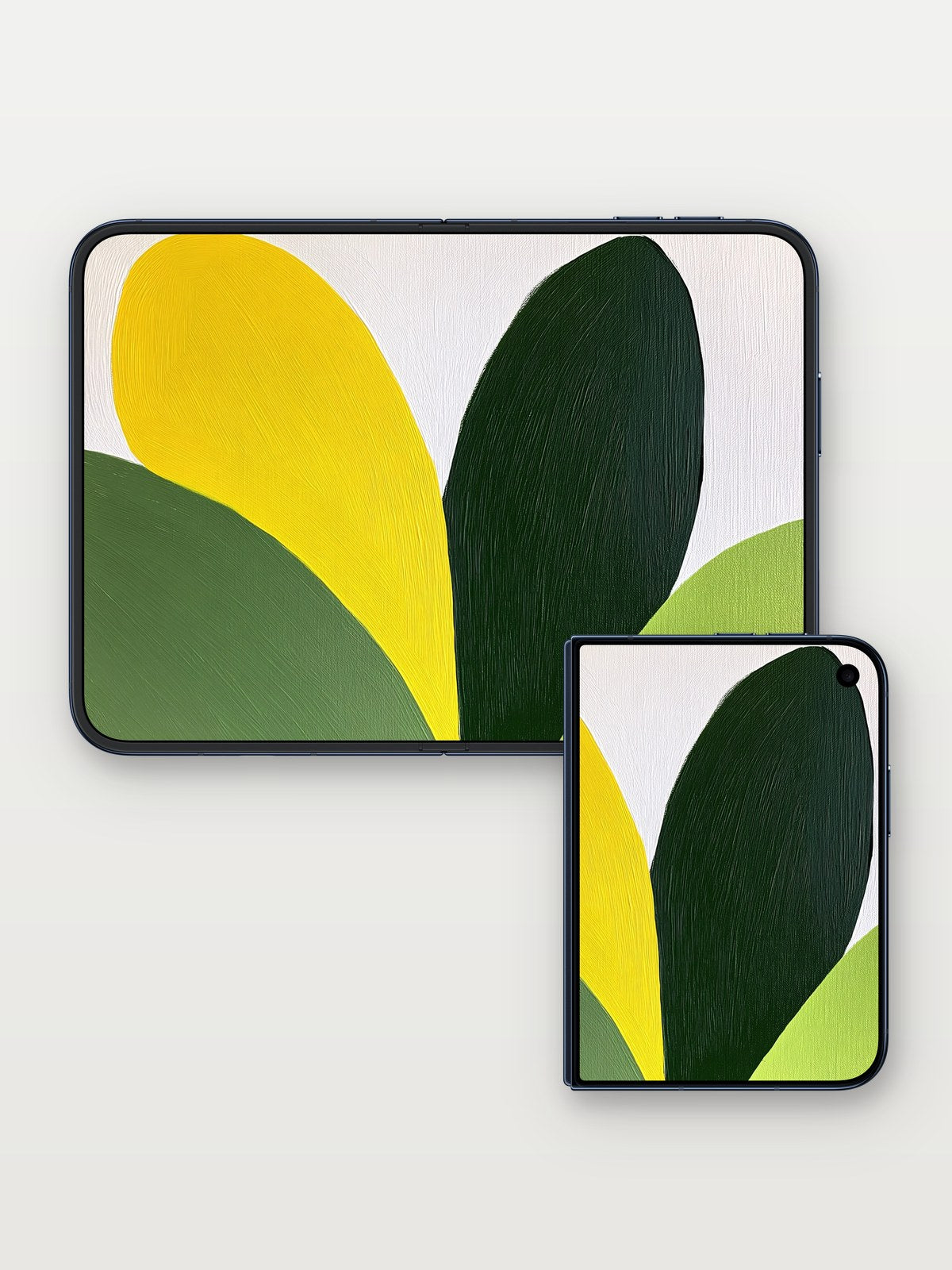 Emerald Hush Wallpaper with Sunlit Petals on iPhone Duo, open and closed