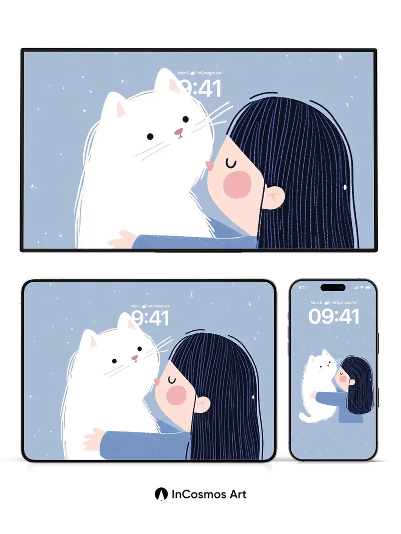 Serenity Hug Wallpaper with Fluffy Companion