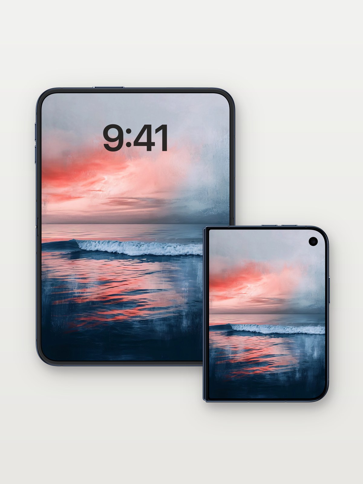 Crimson Horizon Wallpaper with Liquid Reflections on iPhone Duo, open and closed