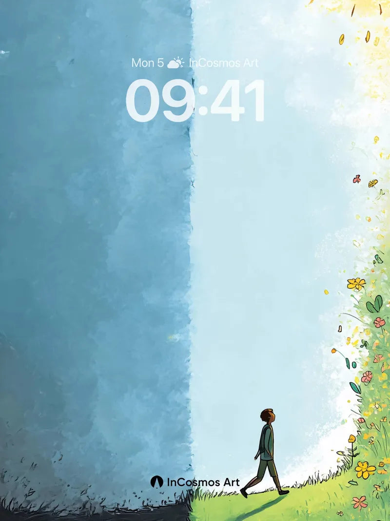 Sunny Divide Wallpaper with Walking Figure wallpaper for iPhone, iPad & Mac