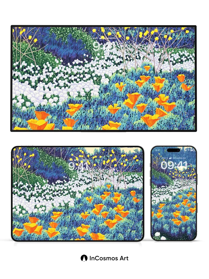 Sapphire Garden Wallpaper with Golden Petals