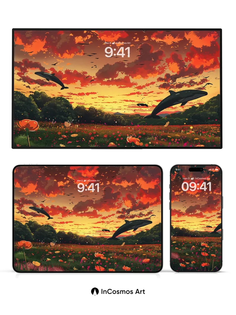 Whale-Soared Sunset Wallpaper with Flowered Fields