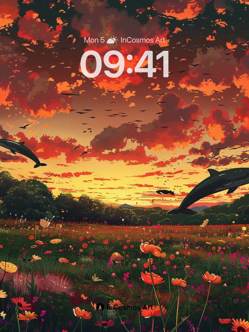 Whale-Soared Sunset Wallpaper with Flowered Fields