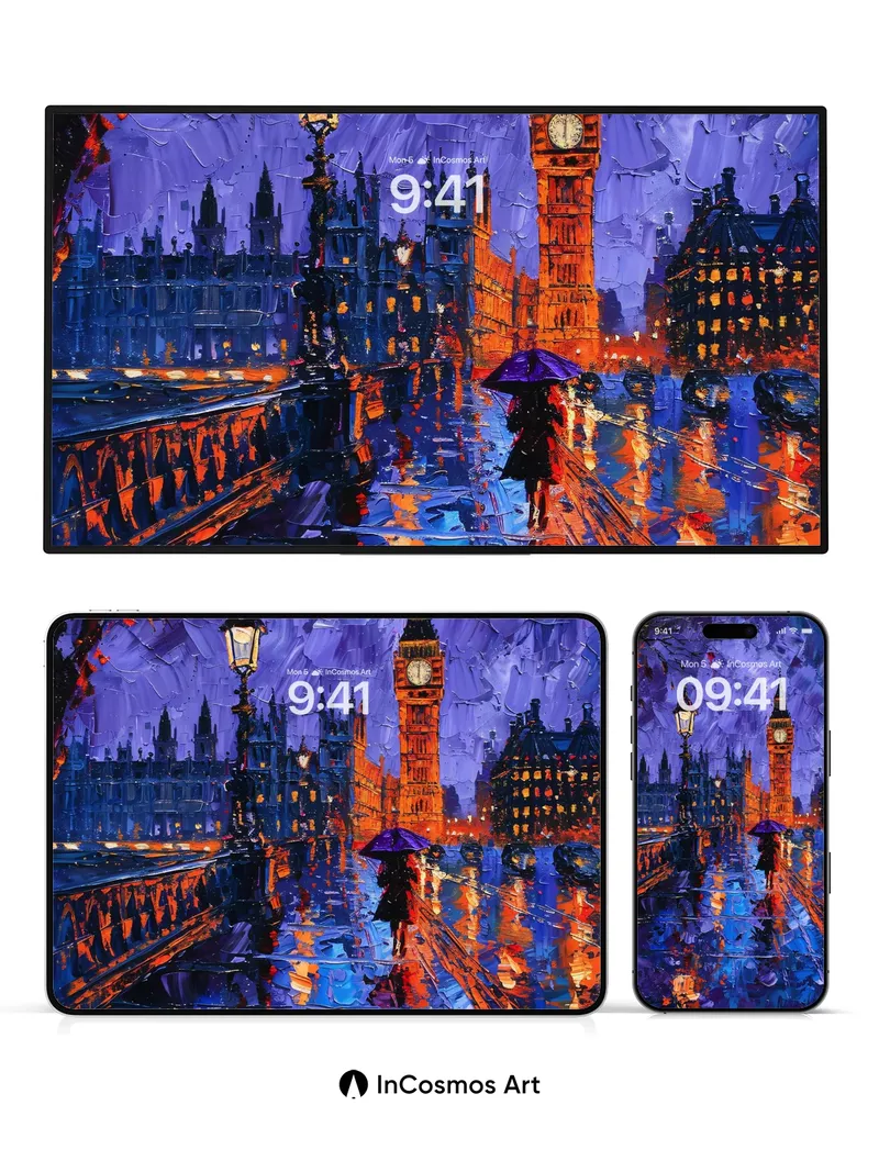 Nocturnal Reflections Wallpaper with Rain-Kissed London