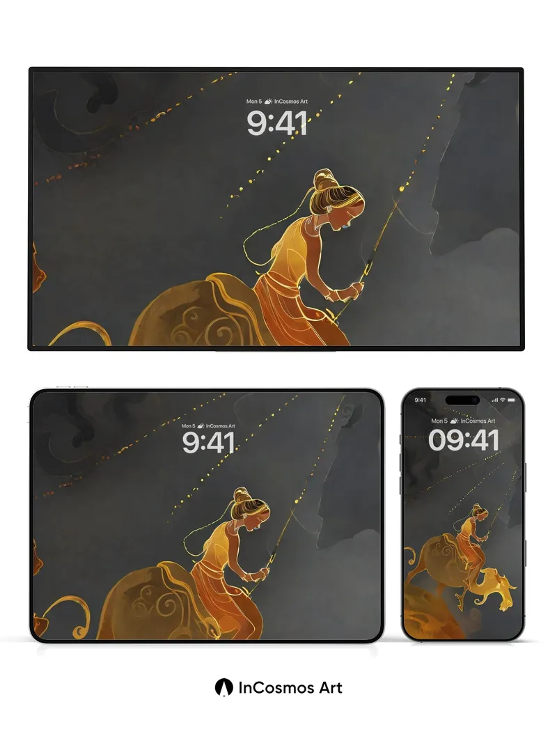 Golden Thread Wallpaper with Celestial Rider