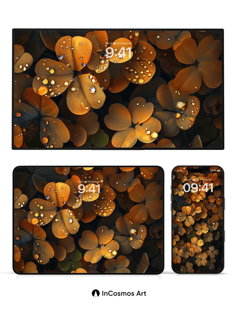 Gilded Dewdrop Wallpaper with Floating Clovers